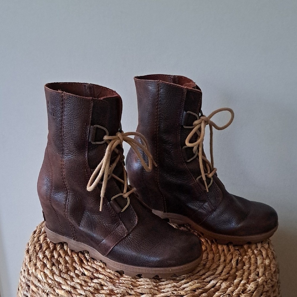 Sorel Womens Joan Of Artic Wedge‎ II Brown Leather Lace-Up Ankle Booties S-10